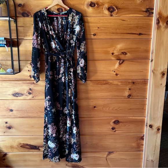 Floral Maxi Wrap Dress - Long-sleeve with keyhole back - Picture 1 of 7